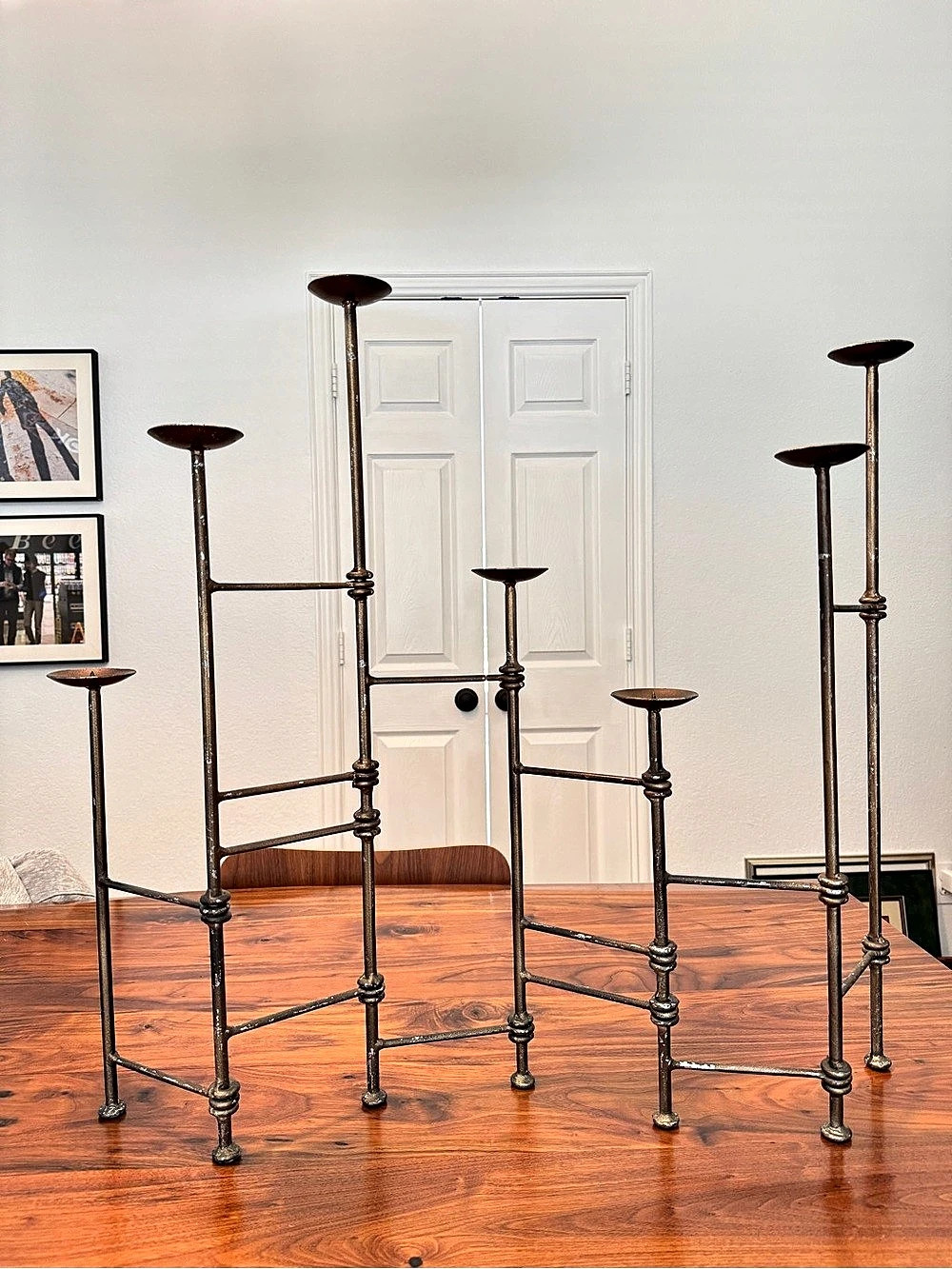 Vintage Brutalist Black Iron 7 Candle Holder Ladder Candelabra Expandable